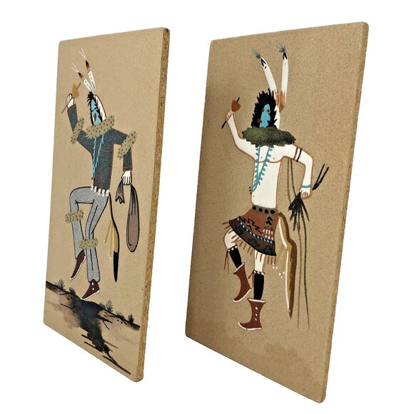Kachina Sand Wall Art Navajo Native American Painting Panels VTG Set of 2 Signed - Picture 2 of 12